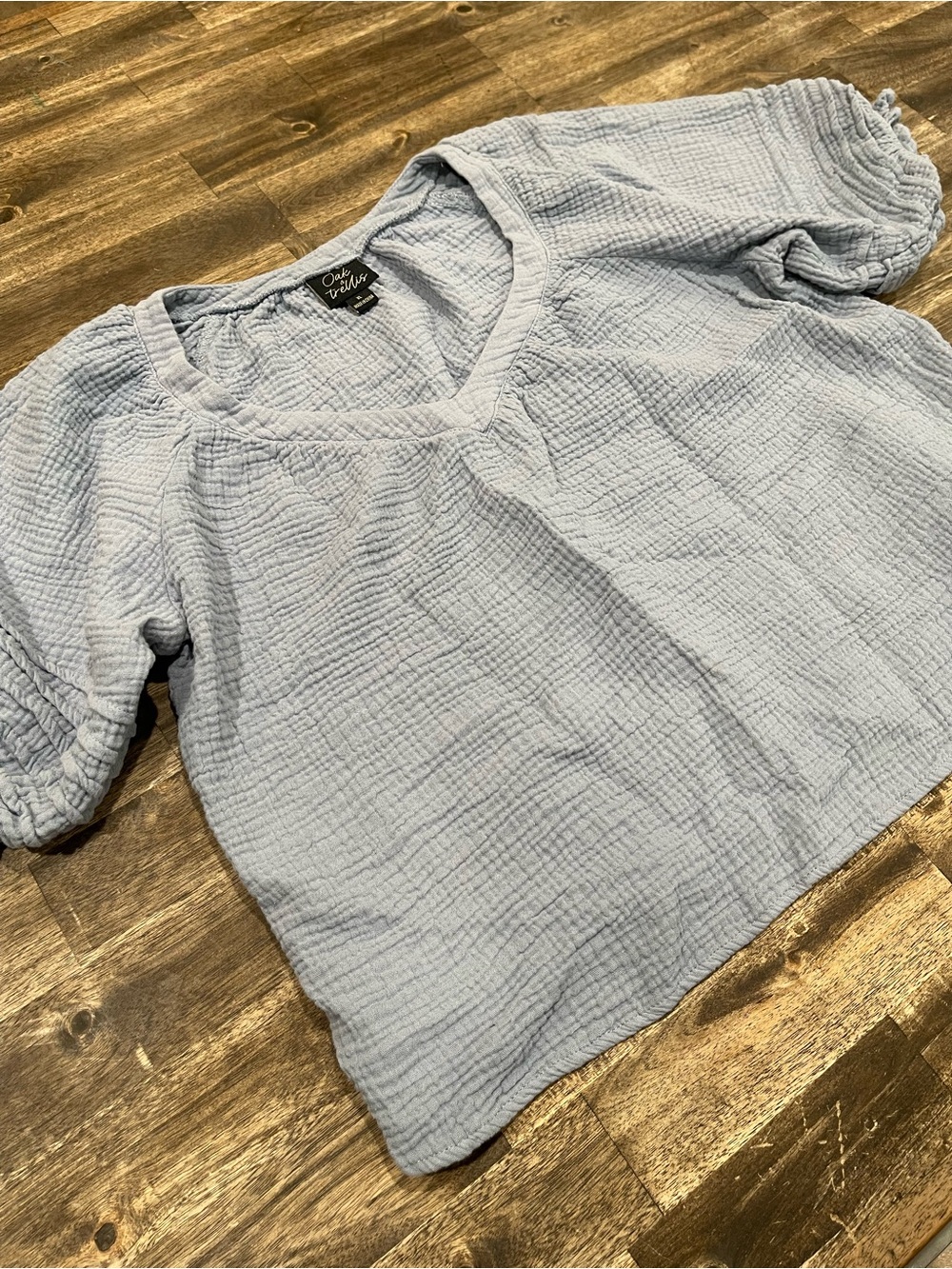 Oak & Trellis Cotton Gauze Top Women’s XL Light Blue Puff Sleeve Blouse